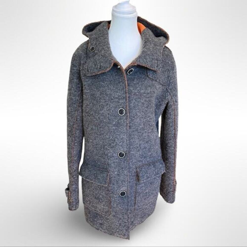 CMP Womens Gray Felt Wool Blend Hooded Coat with Button Front and‎ Pockets Large